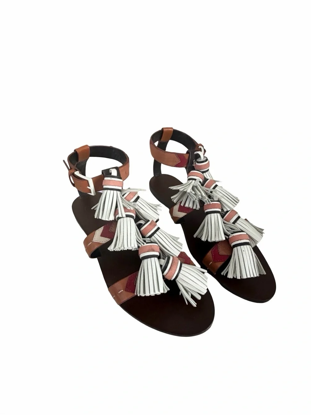 TORY BURCH Tassel Gladiator Leather Sandals Brown and White Sz 8M